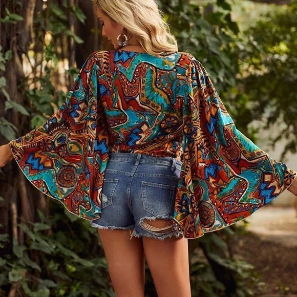 Multicolor Boho Womens All Over Print Button Front Trumpet Sleeve Crop Blouse - Picture 2 of 5